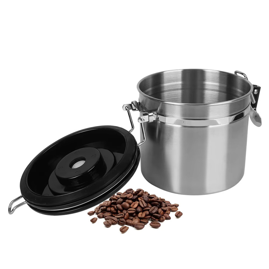 Luftdichter Kaffeebehälter aus Edelstahl in Silber mit CO2-Ventil und auslaufsicherem Deckel zur Aufbewahrung von Kaffeebohnen - Bild 2
