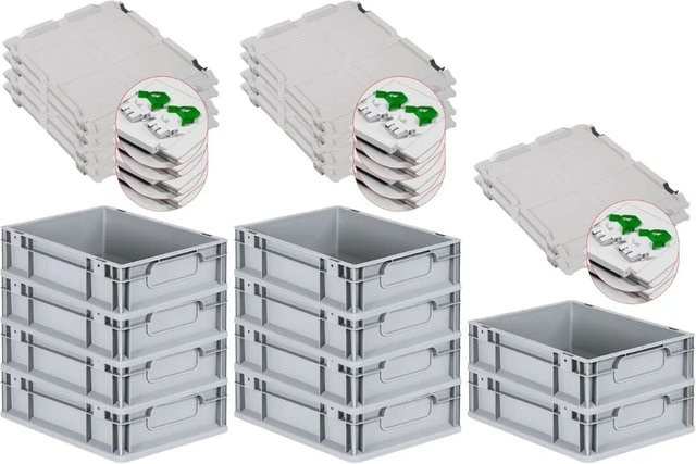 PROREGAL Spar Set 10x Eurobox Nextgen Economy mit Scharnierdeckel und grünen Schiebeschnappverschlüssen, Grau, H x B x T: 12 x 30 x 40 cm - Bild 1