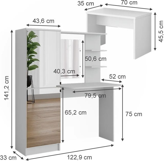 Vicco Frisierkommode Jasmin in Weiß mit Gold und Bank für Erwachsene, Breite: 123 cm, Höhe: 141,2 cm - Bild 1