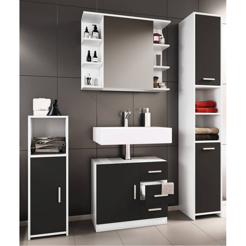 VCM Badmöbelset Zalo III in Schwarz, 4-teilig bestehend aus Unterschrank, Midischrank, Hochschrank und Spiegelschrank, B/H/T: 63 x 56 x 30 cm - Bild 4