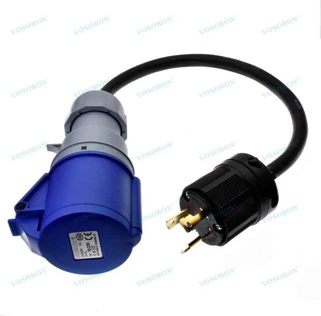VOSORON Industrie-Stromkabel mit NEMA L6-30P-Stecker auf 32 A 2P+PE CEE-Buchse, 3 x 6 mm Gummidraht, Blau - Bild 1