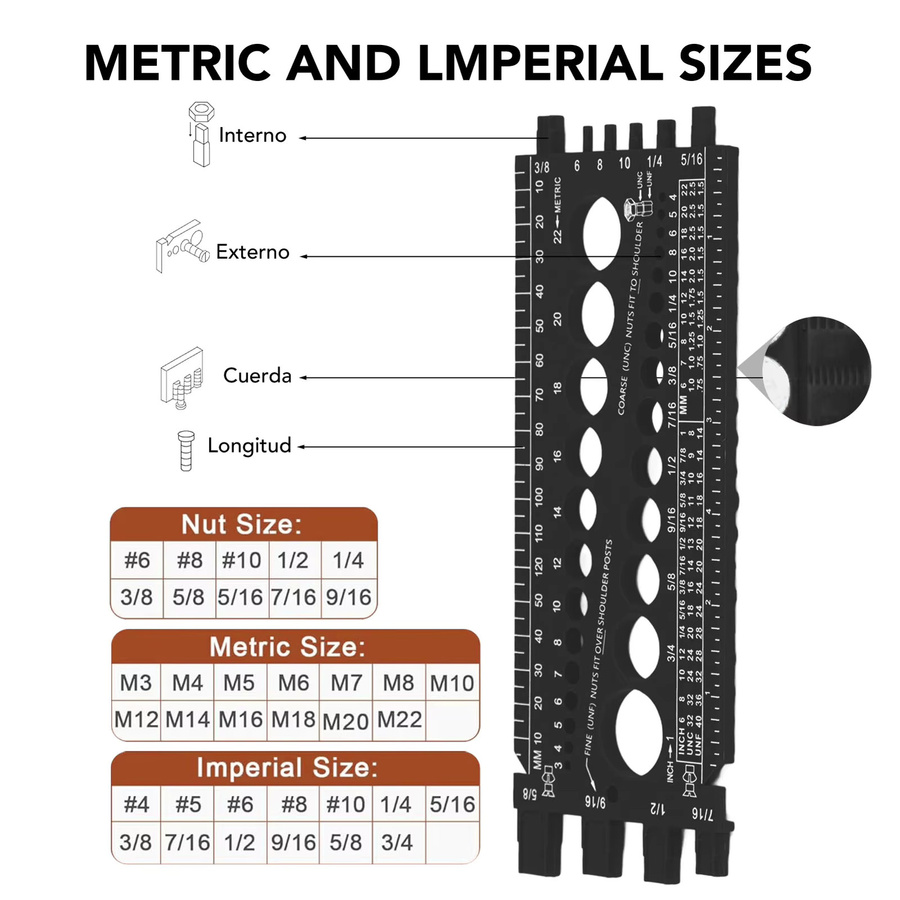 Multifunktionales Gewindeprüfgerät für Muttern, Schrauben und Bolzen in Orange und Schwarz zur schnellen Identifizierung von Zoll- und metrischen Gewinden - Bild 2