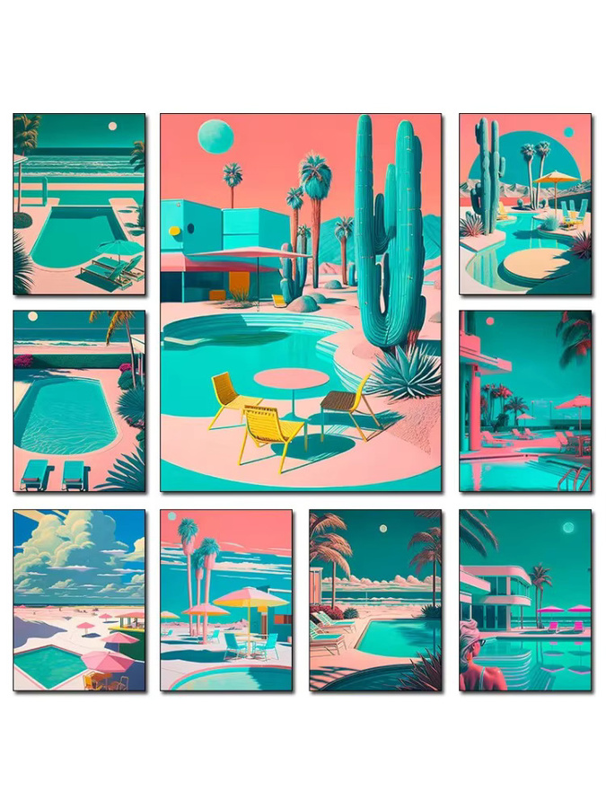 Potdemiel Retro Futuristische Beachside Palmen Wüste Schwimmbad Leinwand Wandkunst Mehrfarbig - Bild 6