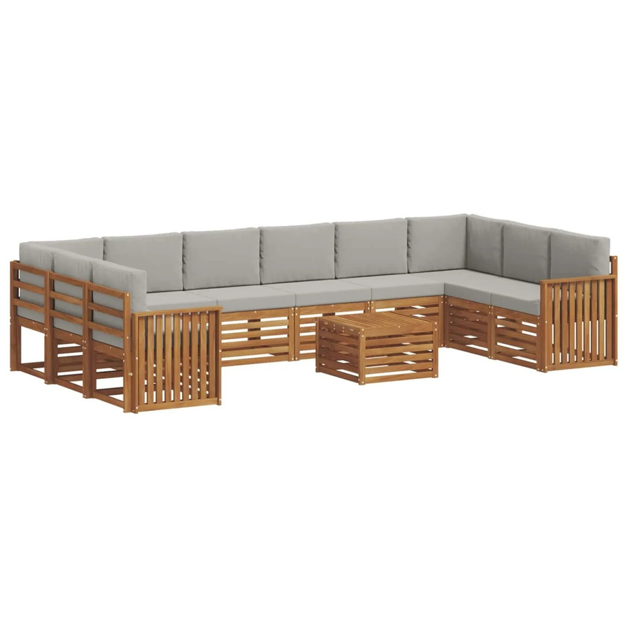 vidaXL Sofagarnitur 11-teilig L-Form aus Massivholz Akazie in Natur und Hellgrau mit Polsterung und Armlehnen - Bild 2
