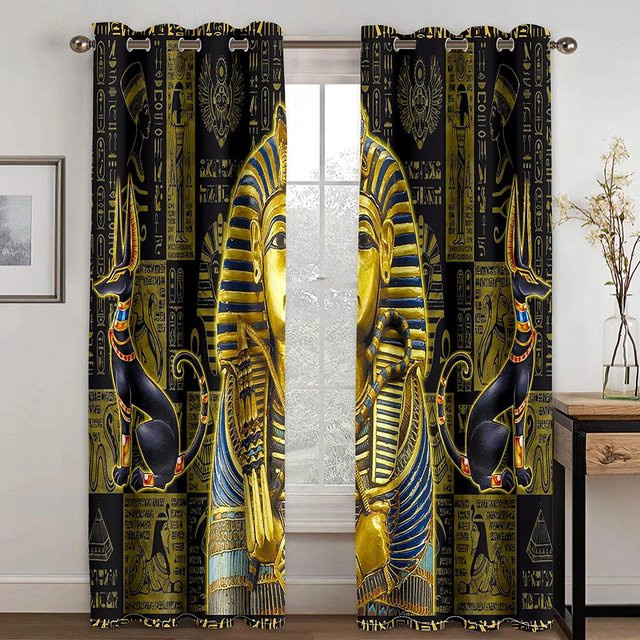 2er-Set Ägyptische Fenstervorhänge mit Hieroglyphen-Design, halbtransparent, Mehrfarbig, B: 60 cm, H: 60 cm - Bild 1
