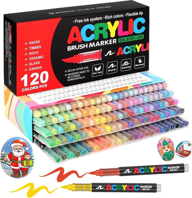 Acryl-Farbmarker mit weicher Pinselspitze in Multicolour und Gold für DIY-Handwerk auf Holz, Stein, Leinwand, Glas und Stoff - Bild 1