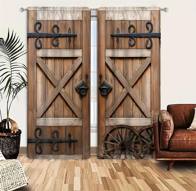 Yiran Furniture Vorhänge im Vintage Rustikal Stil mit Holz Tür Muster, 2er Set, Farbe Braun, B: 110 cm, H: 240 cm - Bild 1