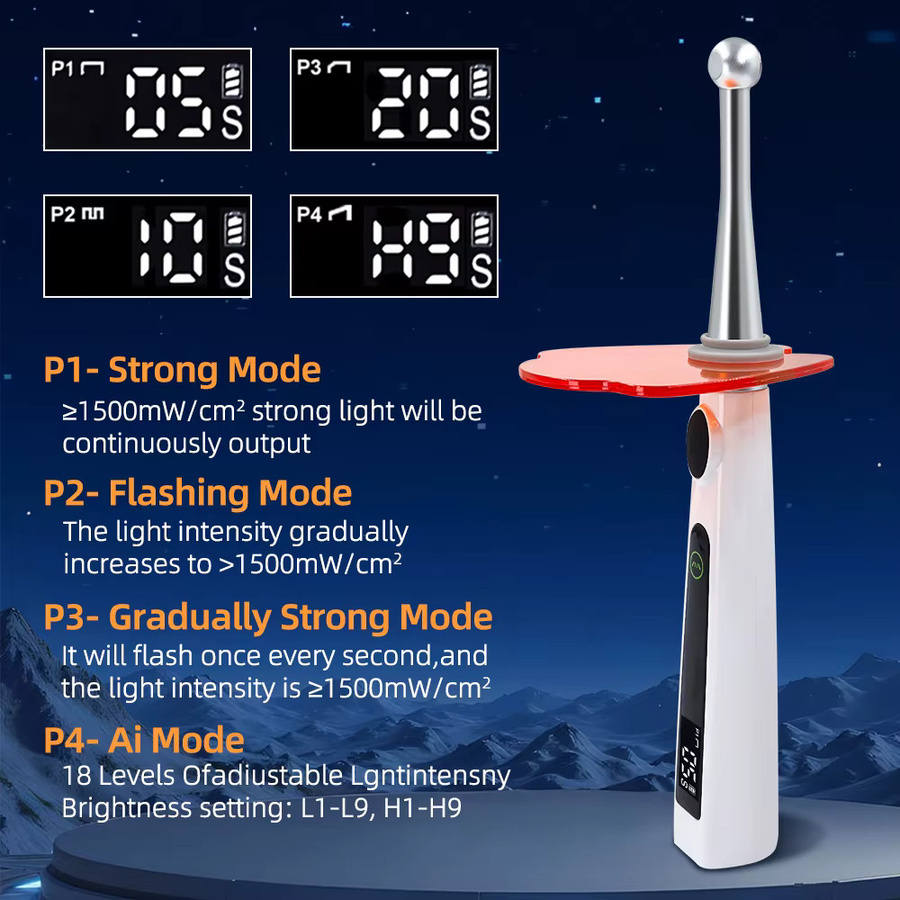 Wiederaufladbarer Dental Photopolymerisator mit 5W LED-Härtungslampe für 800-2400mw/cm2 Harz-Aushärtung - Bild 2