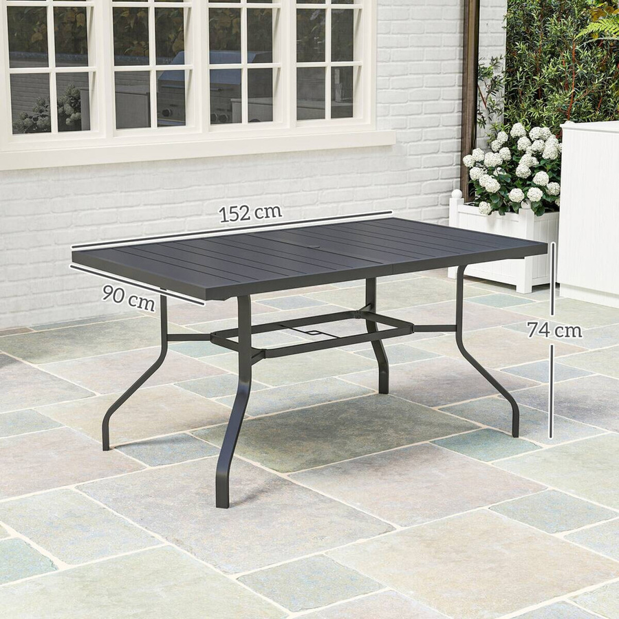 Outsunny Gartentisch aus Stahl in Schwarz mit Latten-Design und Schirmloch, wetterfester Esstisch für Garten und Balkon, B/T/H: 152 x 90 x 74 cm - Bild 4