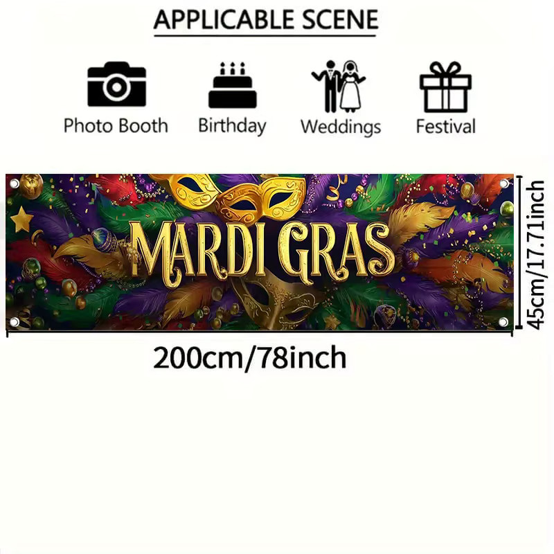 OURFETE Mardi Gras Party Banner Dekoration mit Federmasken-Motiv, Mehrfarbig, B: 200 cm, H: 45 cm - Bild 5