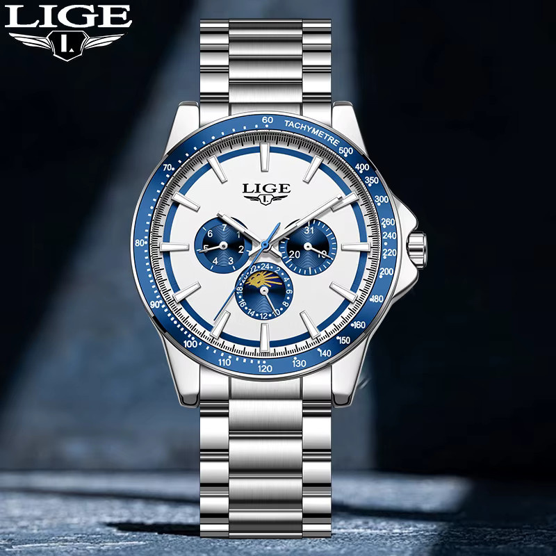 LIGE Armbanduhr Quarz, Edelstahl, Mondphase, Datum, Herren - Bild 2