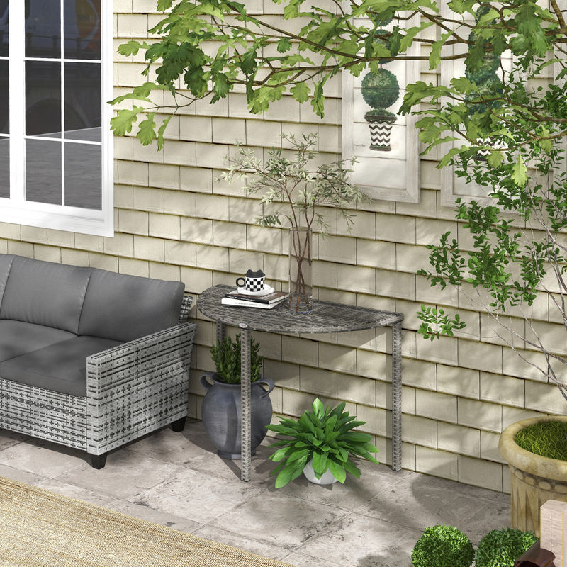 Outsunny Balkontisch halbrund aus Polyrattan und Metall in Grau für Garten, Terrasse und Balkon, B/T/H: 100 x 50 x 74 cm - Bild 2