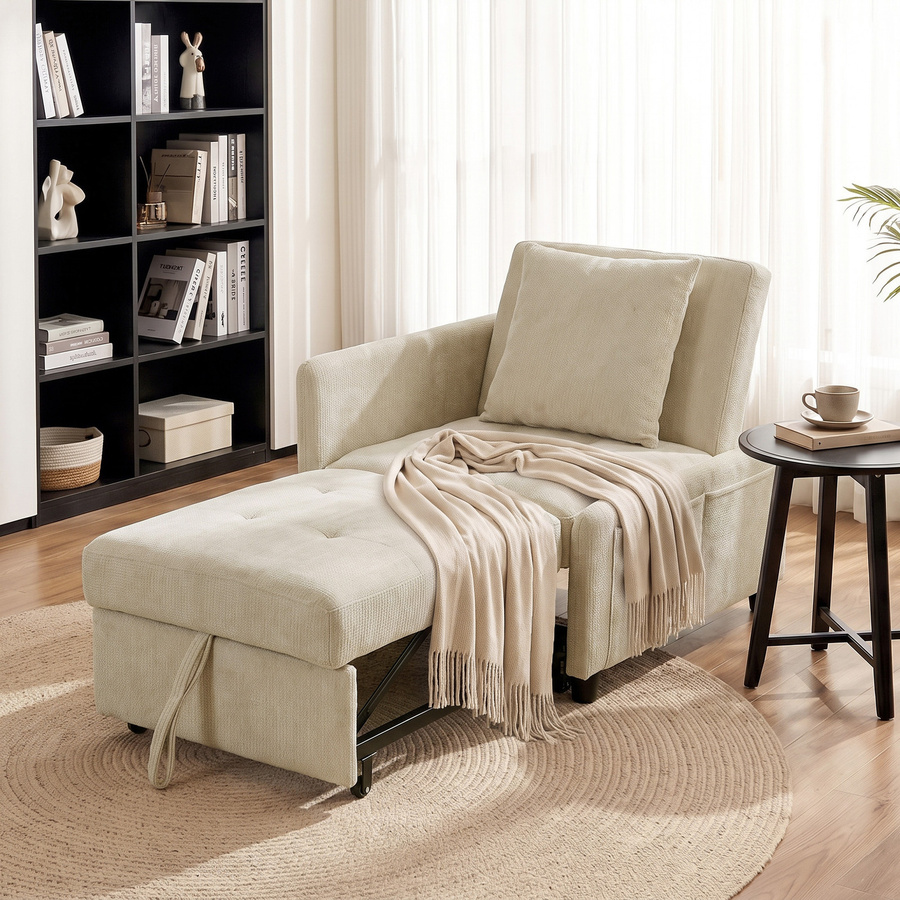 HOMCOM 4-in-1 Klick-Klack-Schlafsessel für 1 Person, gepolsterter Relax-Sessel mit Chenille, verstellbarer Rückenlehne und Seitentaschen, Gästebett für Wohnzimmer oder Büro, Beige - Bild 2