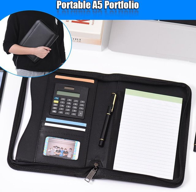 MyStationery A5 PU-Business-Portfolio-Ordner mit Reißverschluss und Taschenrechner in Grau - Bild 1