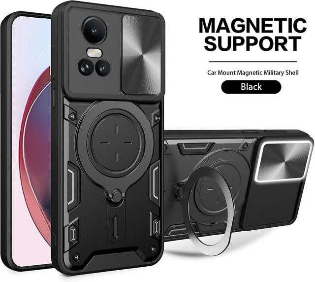 Stoßfeste Armor Schutzhülle mit Schiebe-Objektivschutz und Ringhalter für OPPO Reno 10 Pro 5G in Schwarz - Bild 1