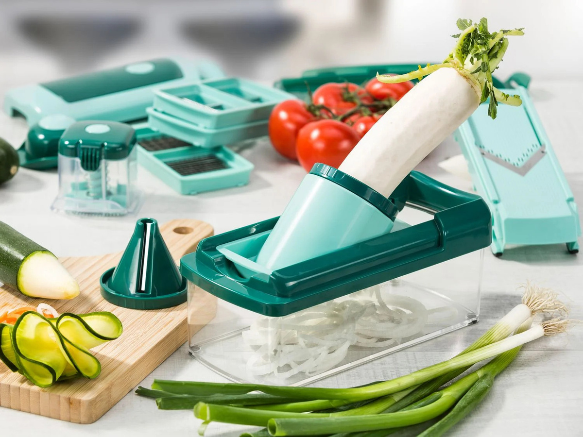 Nicer Dicer Fusion Smart Gemüseschneider, 16-teilig, Grün, 1,25 l Auffangbehälter mit Edelstahlklingen - Bild 3