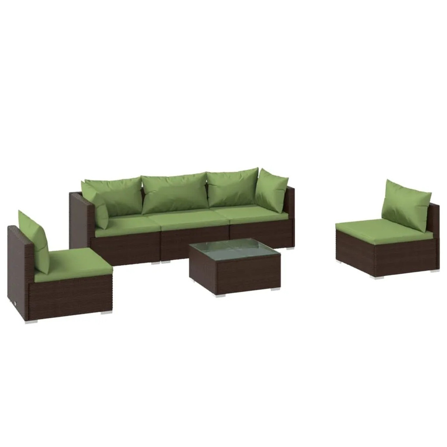 vidaXL 6-tlg Garten-Lounge-Set aus Poly-Rattan in Braun mit Kissen und Couchtisch aus pulverbeschichtetem Stahl und gehärtetem Glas - Bild 2