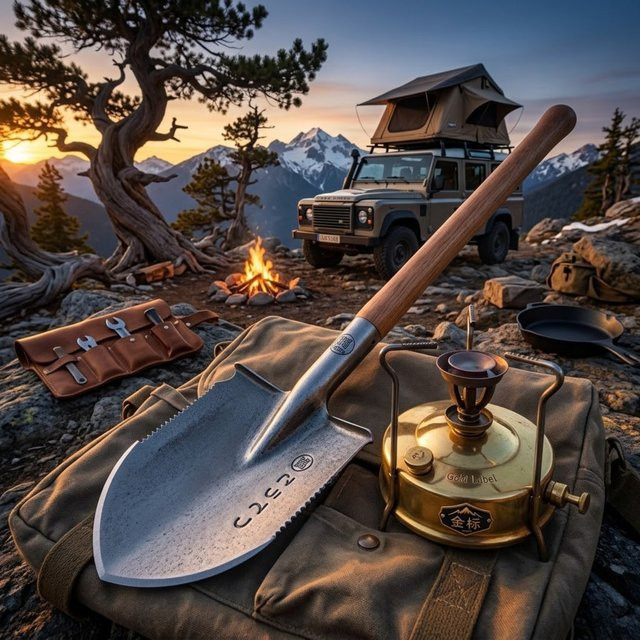 Robuste Manganstahl-Schaufel mit verstärkter Klinge und Holzgriff in Silber für Camping und Outdoor - Bild 1