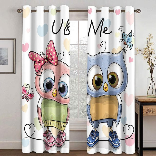 Yiran Furniture Kinder Vorhänge mit Eulen-Motiv, 2er-Set, halbtransparent, Polyester, Mehrfarbig, Breite: 100 cm, Höhe: 130 cm - Bild 1