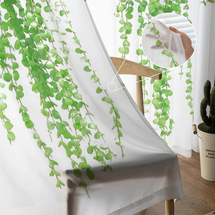 Yiran Furniture Chiffon-Vorhang mit Pflanzengrün-Rattanblatt-Motiv in Weiß, transparent, B: 135 cm, H: 115 cm - Bild 1