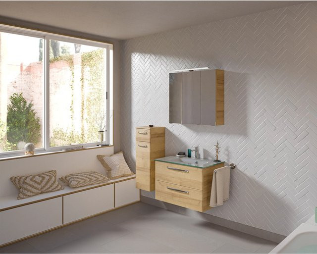 Pelipal Badmöbelset Trentino in Riviera Eiche mit Waschtisch, Unterschrank und Spiegelschrank mit LED-Beleuchtung und Soft-Close-Funktion - Bild 1