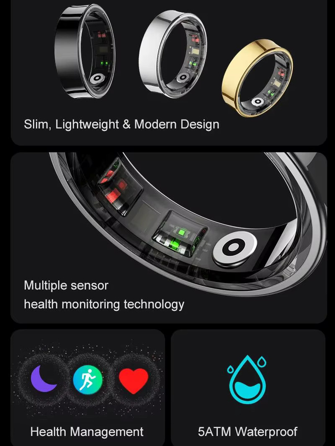 Sinbeda Smart Ring R09 Silber Unisex Fitness Tracker mit Herzfrequenz- und Hauttemperatur-Monitor, 5ATM Wasserdicht, kompatibel mit Android und iOS - Bild 2