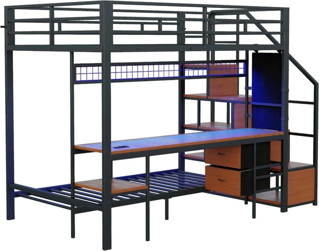 Merax Hochbett mit Schreibtisch und LED-Beleuchtung in Schwarz, B/T/H: 238 x 140 x 200 cm und 90 x 200 cm - Bild 1