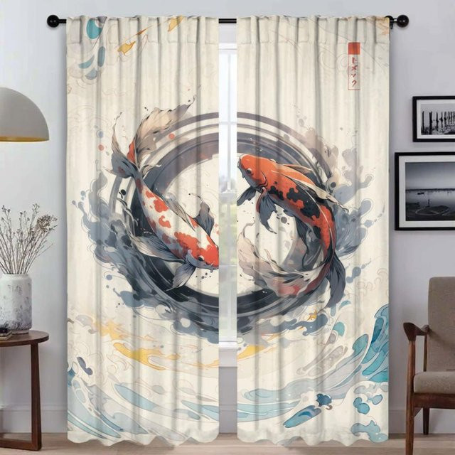 Zweiteiliges Tüll-Vorhangset mit japanischem Tier-Motiv für dein Schlafzimmer, halbtransparent, Mehrfarbig, B: 50 cm, H: 70 cm - Bild 1