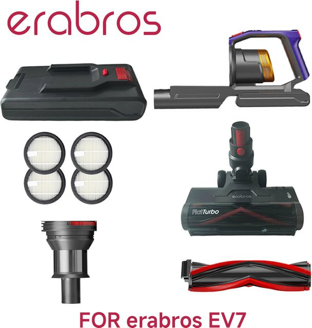 Erabros EV7 Ersatzteil-Set in Schwarz: Akku, HEPA-Filter, elektrische Bodenbürste, Hauptmotor-Einheit, Staubbehälter-Baugruppe und Rollenbürste - Bild 1