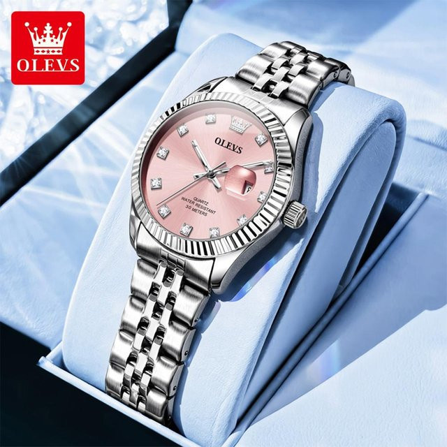OLEVS Armbanduhr Quarz, Edelstahl, Silber/Rosa, Damen, Datum, 3 ATM - Bild 1
