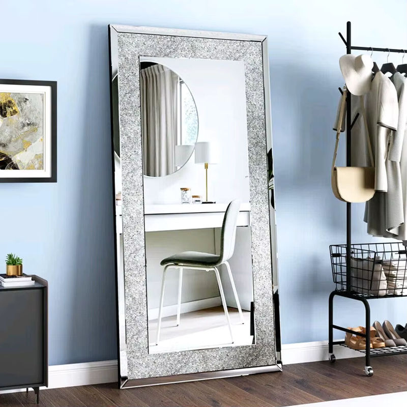 LUVODI Wandmontierter Kosmetikspiegel in Silber, Rahmenloser rechteckiger Schminkspiegel mit Kristall-Strass-Design aus Glas, B/H: 120 x 120 cm - Bild 4