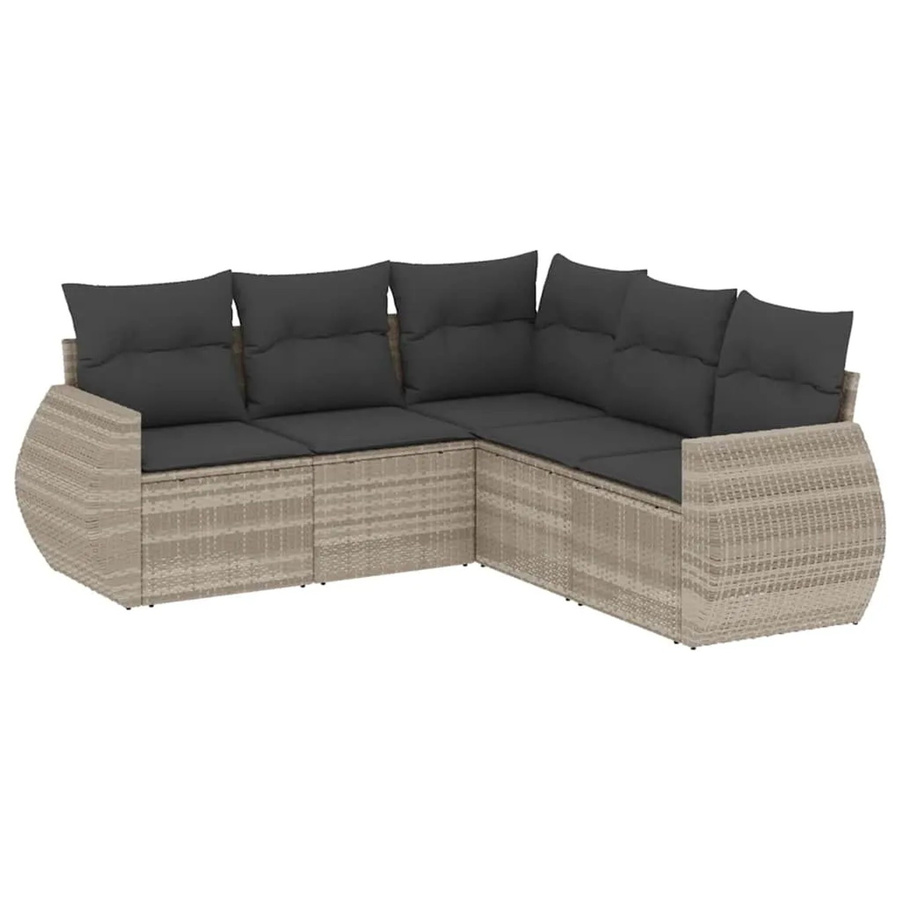 vidaXL 5-teilige Garten-Sofagarnitur in L-Form aus Poly-Rattan in Hellgrau mit Kissen und Polstern - Bild 2