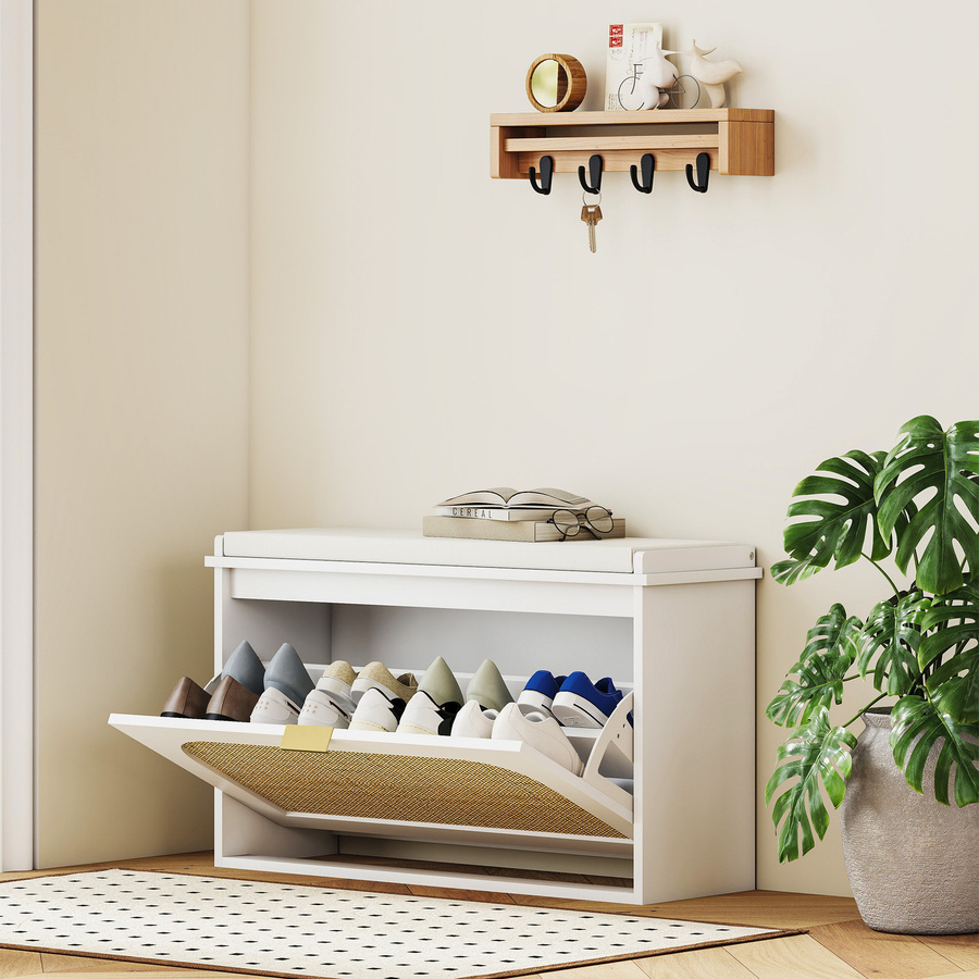 HOMCOM Schuhablagebank in Weiß mit Rattan-Tür und gepolsterter Sitzfläche im Bohemien-Stil, B/T/H: 80 x 26 x 47,5 cm - Bild 2
