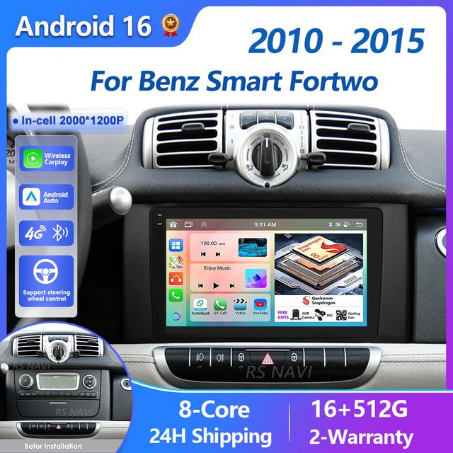 RSNAVI Android 16 Multimedia Autoradio mit CarPlay und DAB+ für Mercedes Benz und Smart Fortwo 2010-2015, Schwarz - Bild 1