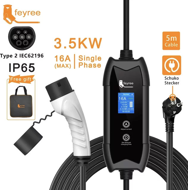 Feyree Typ2 EV-Ladegerät 3,5KW 16A Tragbare Ladebox mit Strom- und Zeitregelung und Schuko-Stecker in Schwarz - Bild 1
