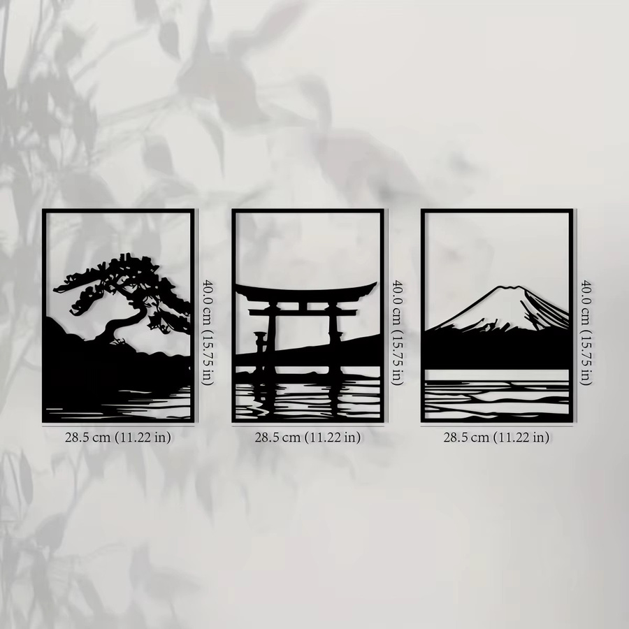 DDPNKL 3-teiliges Wandbild Set aus Metall in Schwarz-Weiß mit minimalistischen Silhouetten von Serene-Bonsai, Torii-Tor und Mt. Fuji - Bild 2