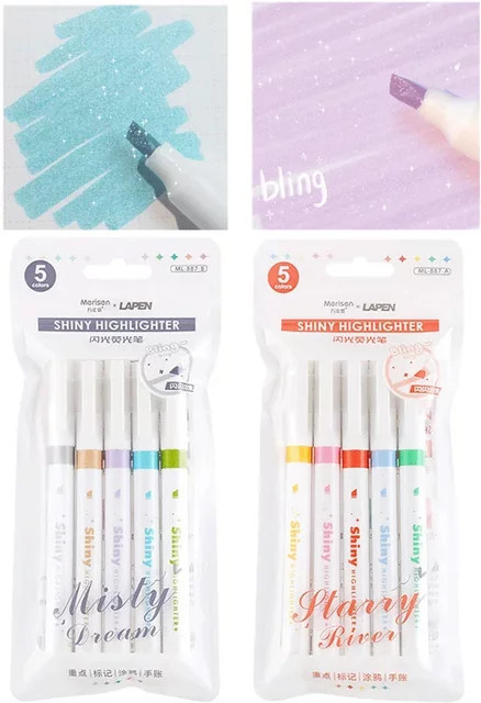 5er Set Art Glitter Bling Textmarker in Metallic-Farben, fluoreszierende Marker für Journaling und Kawaii Briefpapier, Mehrfarbig - Bild 1