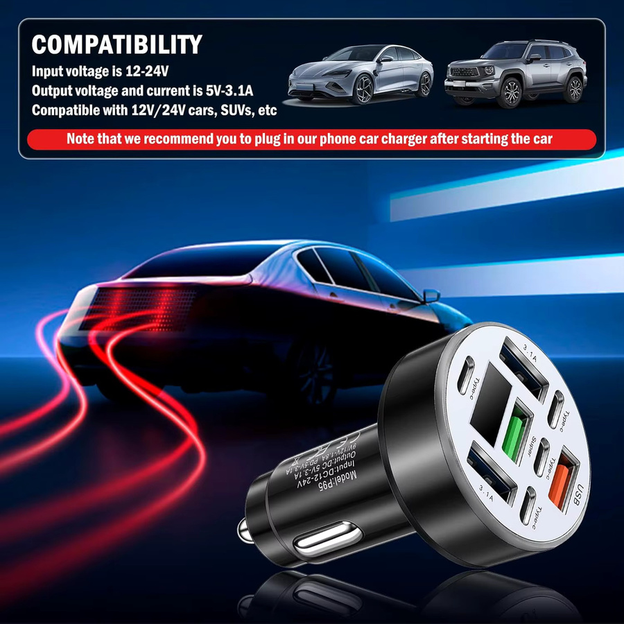UYUXIO 8-in-1 USB-Autoladegerät in Schwarz mit Spannungsanzeige, 4 Typ-C-Anschlüsse und 4 USB-A-Anschlüsse, Multi-Port-Schnellladegerät mit Voltmeter - Bild 3