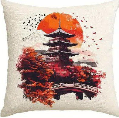 Kissenbezug mit japanischem Pagoden-Design, Kirschblüten und Sonnenmuster von Shunika Chen, Farbe Peach Skin, B/H: 18 x 18 cm - Bild 1