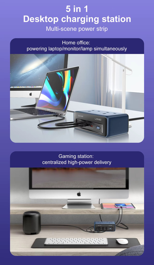LDNIO 5-in-1 Steckdosenleiste mit Überspannungsschutz, 2 AC UK Steckdosen, 3 USB und 1 USB-C Port, 2 m Verlängerungskabel, Blau - Bild 4