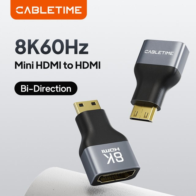 CABLETIME Mini-HDMI-Adapter auf HDMI in Schwarz für 8K, 4K und hohe Bildraten wie 120 Hz oder 144 Hz zur Verbindung von PS4/5, HDTV und Laptop - Bild 1