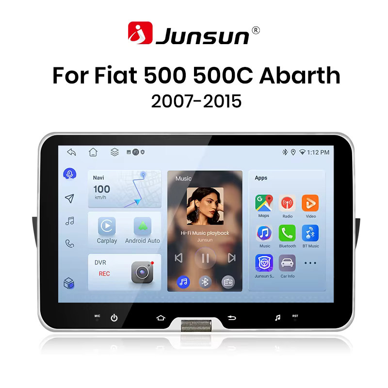 Junsun Android Auto Autoradio für Fiat 500 500C Abarth 2007-2015 mit 10 Zoll Display, kabellosem CarPlay, GPS-Navigation und FM-Radio in Schwarz - Bild 1
