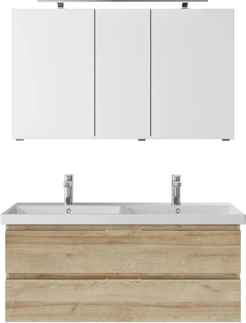 Pelipal Badmöbel-Set Serie 4035 3-tlg. grifflos in Riviera Eiche mit Doppelwaschtisch, Waschtischunterschrank und Spiegelschrank mit LED-Beleuchtung - Bild 1