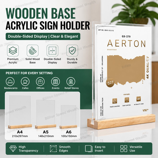 Doppelseitiger Kartenhalter aus Massivholz und Acryl in Braun für A4-Displays - Bild 1