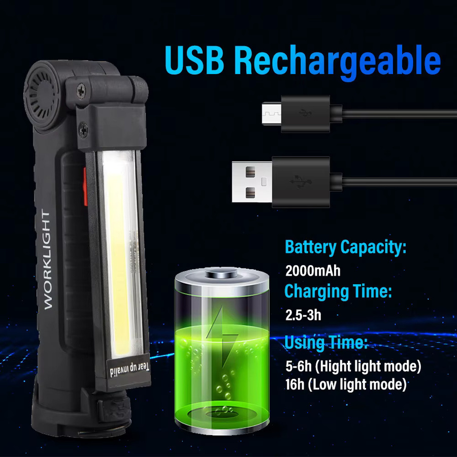 KDULIT Wiederaufladbare Camping-LED-Arbeitsleuchte mit COB-Taschenlampe, Magnet und Haken, wasserdicht, Schwarz - Bild 4