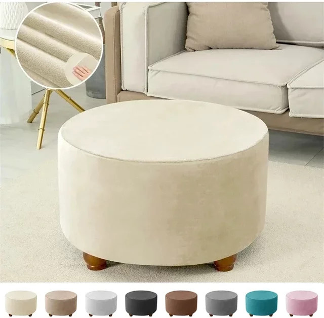Yupartex Hocker Abdeckung aus weichem Samt in Beige, elastischer Schonbezug für runde Ottomane und Fußstützen - Bild 1