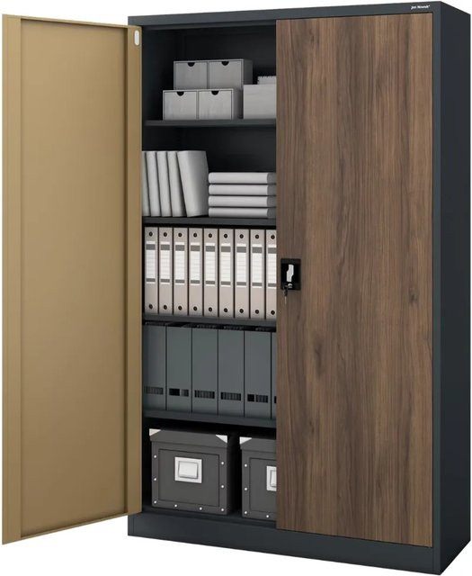 JAN NOWAK Metallschrank Anthrazit-Nussbaum mit 5 Ebenen, abschließbarer Aktenschrank für Büro und Werkstatt, H x B x T: 185 x 115 x 40 cm - Bild 1