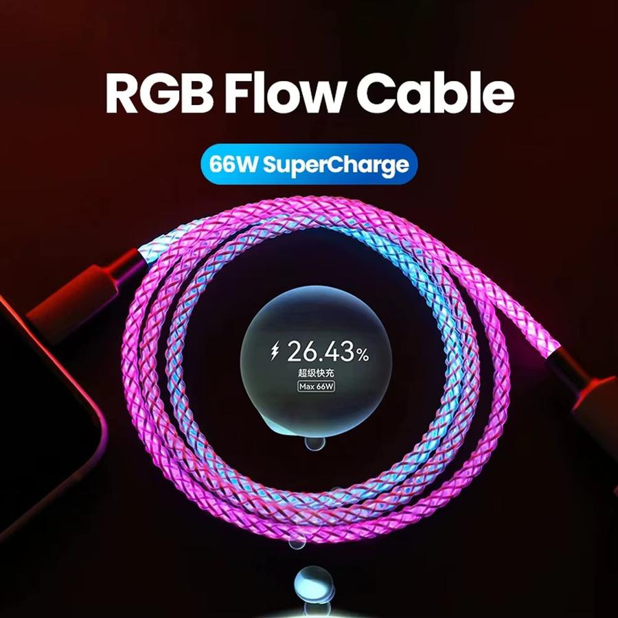 66W USB-C Schnellladekabel mit RGB LED Licht, Typ C auf Typ C Hochgeschwindigkeits-Datenkabel in Multicolour für iPhone, Xiaomi, Huawei und Samsung - Bild 1