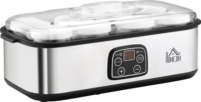 HOMCOM Joghurtbereiter mit LCD-Display und Timer, 25W, inklusive 8 Gläsern à 180ml mit Deckel, Farbe Silber/Transparent - Bild 1