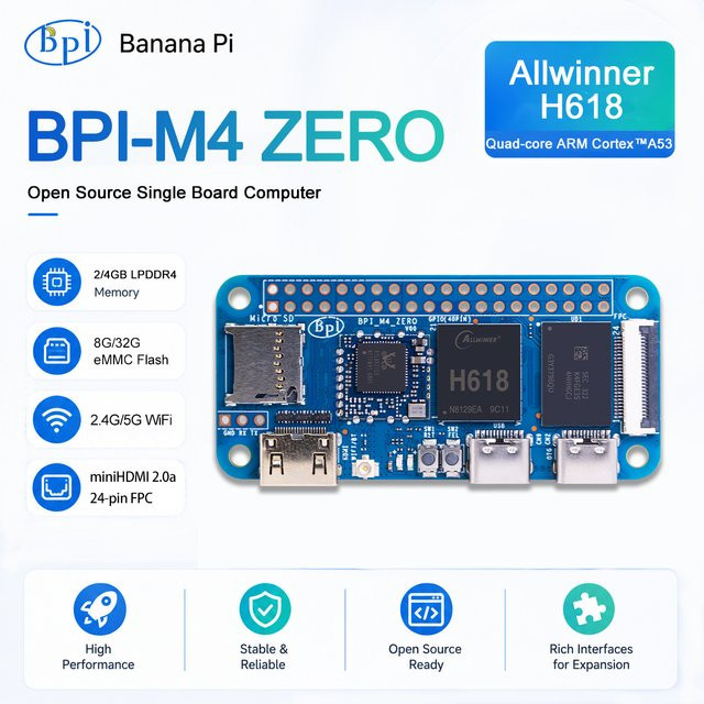 Banana Pi BPI-M4 ZERO Single Board Computer mit Allwinner H618 Quad-Core ARM Cortex A53 Prozessor, 32G eMMC, 2,4G/5G WIFI und 4G Unterstützung - Bild 1